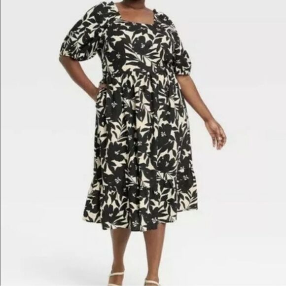 WHO WHAT WEAR Floral Cut-out Elbow Length Puff Slv Ruffle Hem Midi Dress sz XXL - Picture 2 of 6